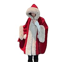 China Red Warm Wool Faux Fur Cape Coat Hooded Happy Cute Tassels Pocket Loose Overcoat Cloak Lady Winter