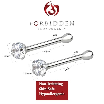 Forbidden Body Jewelry 22G Nose Rings Studs w/ 1.5mm Crystal - 1 or 2 Pcs 7mm Sterling Silver Nose Piercing Jewelry, l Shaped Nose Rings Women & Men - CZ Simulated Diamond, Small Nose Studs Women
