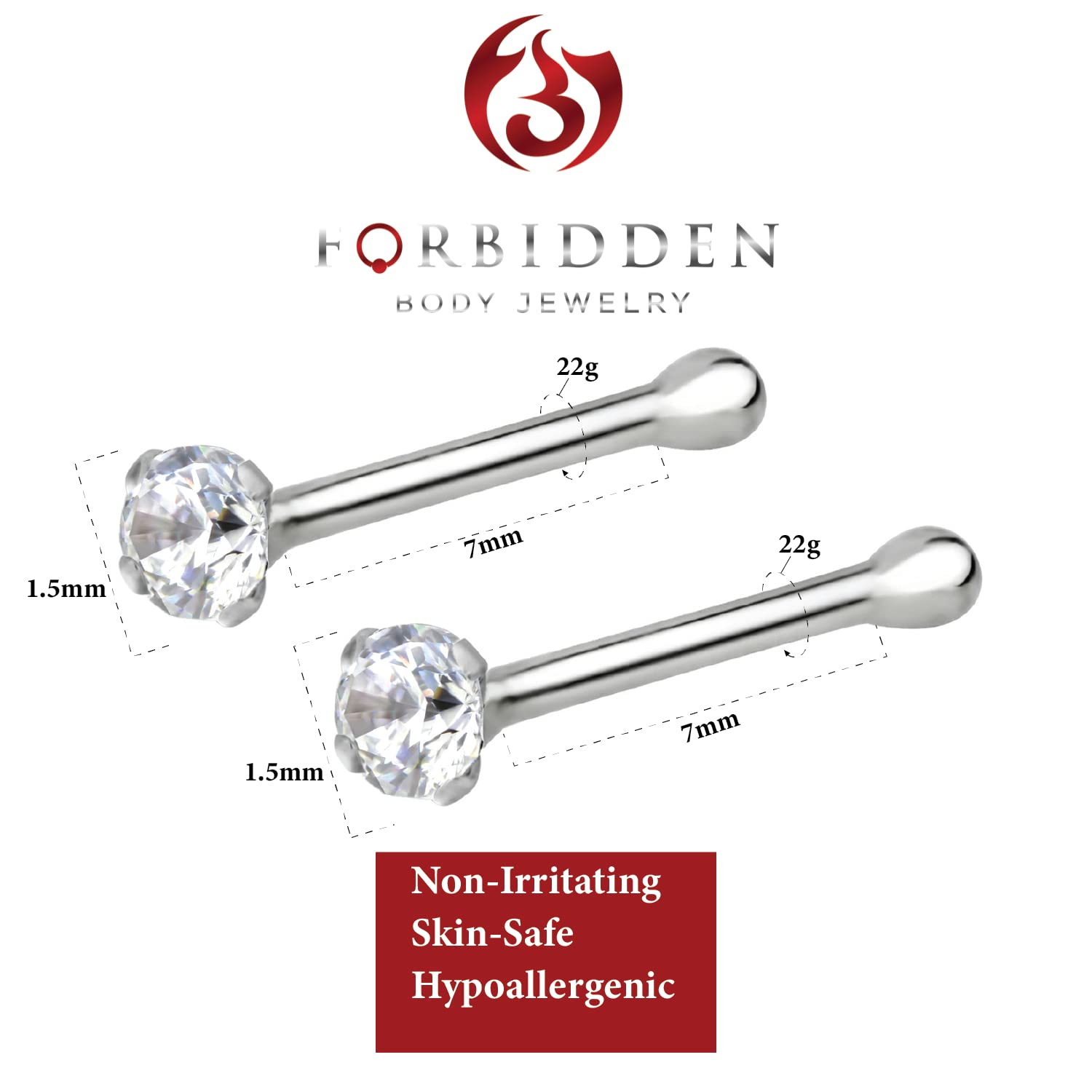Forbidden Body Jewelry Nose Rings Sterling Silver Micro Nose Studs CZ Simulated Diamond Bone Stud for Women Men 1.5 mm Crystal 22G