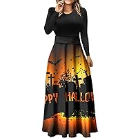 Long Sundresses for Women 2024 with Sleeves, Womens Halloween Dresses Long Sleeve Crewneck High Waisted Dress