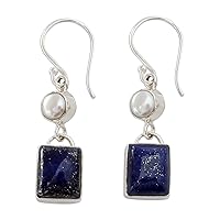 NOVICA Handmade .925 Sterling Silver Lapis Lazuli Cultured Freshwater Pearl Dangle Earrings with White Cultured Freshwater Pearls Blue India Snorkel Birthstone [1.7 in L x 0.4 in W x 0.2 in D]