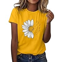 Women's Scoop Neck T Shirts Sunflower Print Short Sleeve Casual Tee Tops Cute Graphic Shirts Solid Color Blouse