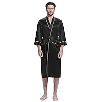 LilySilk 100% Silk Robe for Men Contrast White Trim Long Sleeve Shawl Collar Long Silk Kimono Bathrobe Male Sleepwear