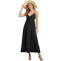 IMEKIS Women Summer Spaghetti Straps Maxi Dress Sleeveless Plunging Neck Ruffle Long Dress Backless Tiered Flowy Beach Dress