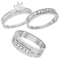 Sterling Silver Cubic Zirconia Trio Engagement Wedding Ring Set for 7 mm Him and Hers 4 mm Center Stripe, L 5-10 & M 8-14