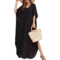 QIUYEJUO Kaftan Dresses for Women Rayon Cover Up V Neck Batwing Sleeve Plus Size Caftan Long Beach Dress Solid Color