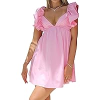 hibshaby Womens Sexy Deep V Neck Ruffle Sleeve Mini Dress Backless Lace Up Summer Dresses