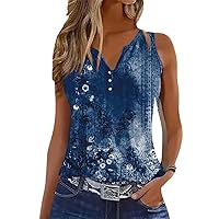 ETCYY Notched V Neck Tank Tops for Women Summer Floral Print Sleeveless Shirts Casual Loose Blouses