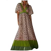 2021 Women Fashion Casual V-Neck Leopard Printing Color Block Loose Long Dress(E)