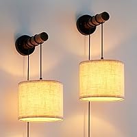 Wall Sconces Set of Two, Plug in Sconces Wall Lighting with Fabric Shade, Farmhouse Wall Lamps with Plug in Cord, Rustic Wall Lights with Wood Arm and On/Off Switch for Bedroom, Living Room