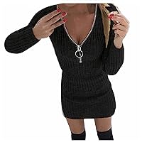Velvet Dress for Women,Ladies Casual Knit Solid Color Dresses Zipper V-Neck Long Sleeve Dress Mini Slim Plus Si