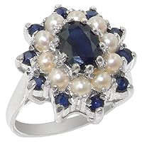 925 Sterling Silver Real Genuine Sapphire and Cultured Pearl Womens Band Ring
