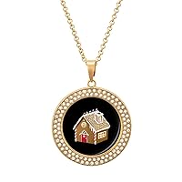 Gingerbread House Funny Necklace Alloy Diamond Circle Pendant Jewelry Gold Silver for Men Women