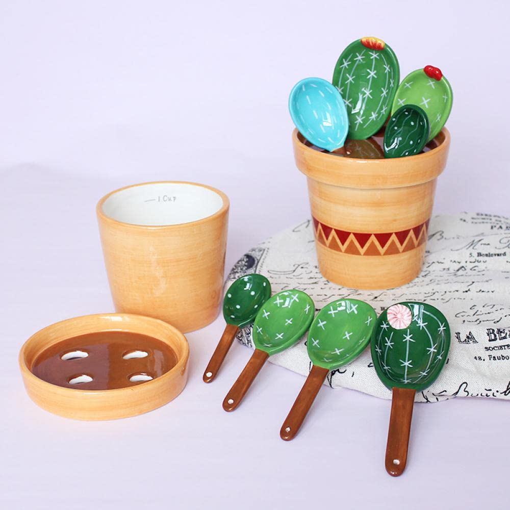 Sizikato 4pcs Porcelain Measuring Spoons with Base, Cute Cactus Shape