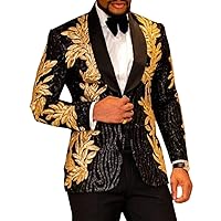 Lovee Tux 2 Pieces Men's Shiny Sequins Gold Applique Suits Prom Tuxedos Grooms Jacket Wedding Party Suits