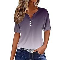 Women's Trendy Gradient Print Short Sleeve Shirts Henley Button up T Shirt Casual V Neck Baggy Comfy Tunic Tops