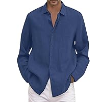 Casual Solid Cotton Mens Shirt Comfortable Long Sleeve Lightweight Tees Button Up Lapel Loose Fit Breathable