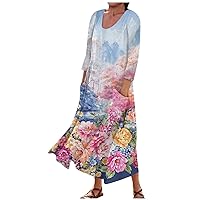 Fall 3/4 Sleeve Dresses Floral Casual Beach Dresses Fall Dress Green Dresses Casual Orange Maxi Dress for Women Plus Size Round Neck Cotton Loose Soft Dress Hot Pink