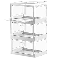 PRANDOM Stackable Clear Storage Bins with Lids,70 Qt Plastic Collapsible Organizer Containers Boxes with Doors for Closet Living Room Bedroom White 15x11.2x8.7 x 3-Pack