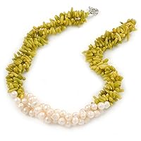 3 Strand Twisted Lime Green Coral and Cream Freshwater Pearl Statement Necklace/ 44cm L