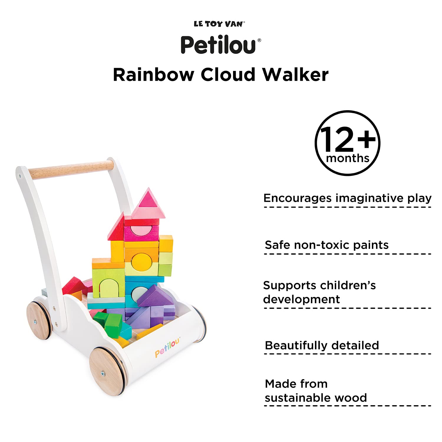 Le Toy Van - Petilou Wooden Walker Toy for Toddlers and Babies | Educational Rainbow Cloud Walker | Suitable for A Boy Or Girl 1 Year Old +, Multi, 45 Blocks (PL102)