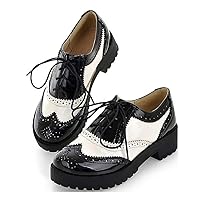 Women's Two Tone Flat Oxfords Shoes Lace Up Wingtip Perforated Low Heel Vintage Saddle Oxford Brogues