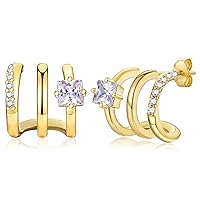 CERSLIMO Gold Earrings for Women Trendy, 14K Gold Plated Triple Hoops Illustion Stud Earrings with Cubic Zirconia | Gold Huggie Hoop Earrings for Women Girls