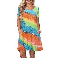 GRASWE Womens Summer Solid Color Pockets Dress Round Neck Short Sleeve Knee-Length Sundress XS-5XL