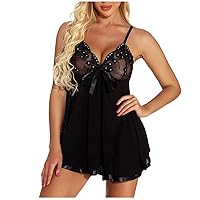 Women's Sexy Lingerie Sheer Mesh Strappy Chemise Lace Bow V Neck Nighty Plus Size Nightgown Sleepwear Nightdress