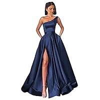 Women's Satin Prom Dress One Shoulder Long Ball Gown Ruched Wedding Guest Dresses with Slit