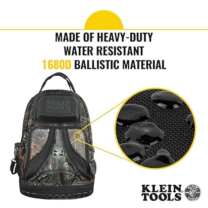 Klein Tools 55421BP14CAMO Tool Bag Backpack, Heavy Duty Tradesman Pro Tool Organizer / Tool Carrier has 39 Pockets, Molded Base, Camo Design