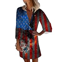 Womens Red White and Blue Patriotic Dress for Women Sexy Casual Vintage Print with 3/4 Length Sleeve Deep V Neck Independence Day Dresses Multicolor 3X-Large