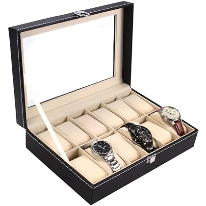 Ohuhu Watch Case, 12 Slot Watch Box PU Leather Watch Organizer Case, for Men and Women Perfect Birthday Gifts