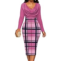Women's Elegant Pencil Dress Sexy V-Neck Drape Ruched Front Grid Pattern Long Sleeve Bodycon Church Split Dresses with Zipper Wear to Work Business(Pink,XXL)