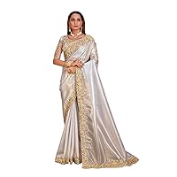 Indian Wedding Shimmer silk Zari Golden Border Bridal hand work Saree Blouse Cocktail Sari 3837