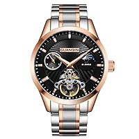 Guanqin Men's Moon Phase Skeleton Watches Analogue Automatic Self-Winding Mechanical Watch with Stainless Steel Strap