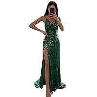 Mermaid Sequin Evening Dresses High Slit Floor Length Graduation Dresses Backless with Pleats Formal Gowns