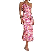 Womens Sexy Off Shoulder Sleeveless Ruched Satin Floral Printed Bodycon Party Clubwear Casual Fishtail Dress