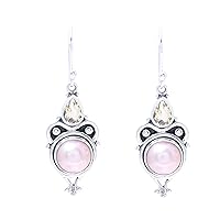NOVICA Handmade Cultured Freshwater Pearl Citrine Dangle Earrings from .925 Sterling Silver India Gemstone Birthstone [1.7 in L x 0.5 in W x 0.3 in D] 'Pink Moon Sparkle'
