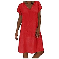 Easter Outfits for Women, Summer Dress 2024 Casual Short Sleeve V Neck Ruffle Midi Flowy Dresses Womens with Bow in Back White Country Dress Sleeves Petite Women Dresses (5XL, Red)