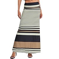 BAISHENGGT Women's Versatile Long Skirt Ruched High Waist Flare Floor Length Maxi Skirt Khaki Stripes M