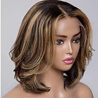 Blonde Highlight 1b/27 Ombre Color Brazilian Remy Natural Hairline Blonde Layered 13X4 HD Transparent Lace Front Bob Wigs Human Hair For Black Women Wavy Pre Plucked 150 Density Glueless Wig 8 Inch