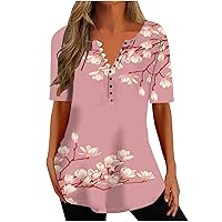 Button Down Shirts for Women Summer Floral Print Flowy Tunic Shirts Short Sleeve Henley V Neck Spring Dressy Blouses