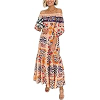 Women Shoulder Long Dress Print Patchwork Pleat Beach Dress Lantern Sleeve Party Dress