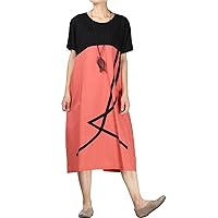Minibee Women's Linen Casual Dress Summer Short Sleeve Midi A-line Boho Tunic Dresses with Pockets