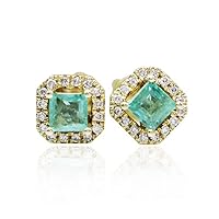 GOWE 0.42CTW Natural Square Cut Emerald Gemstone 14K Yellow Gold Earring Studs Flower Style
