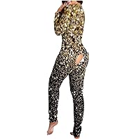 Womens Sexy Long Pjs Jumpsuits Butt Flap One Piece Pajamas Plaid Printed Onesie Button V Neck Sleepwears Bodysuit