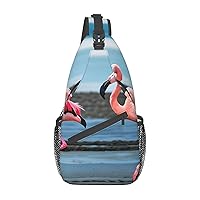 flamingos on the beach Crossbody Bags Sling Backpackï¼ŒMultipurpose Cross body Shoulder Bag for Men and Women Chest Bag Travel Hiking Daypack