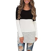 Hount Womens Back Lace Color Block Tunic Tops Long Sleeve T-shirts Blouses with Striped Hem