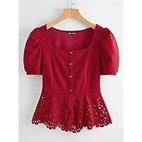 Womens Summer Tops Button Front Puff Sleeve Laser Cut Hem Blouse (Color : Burgundy, Size : Large)